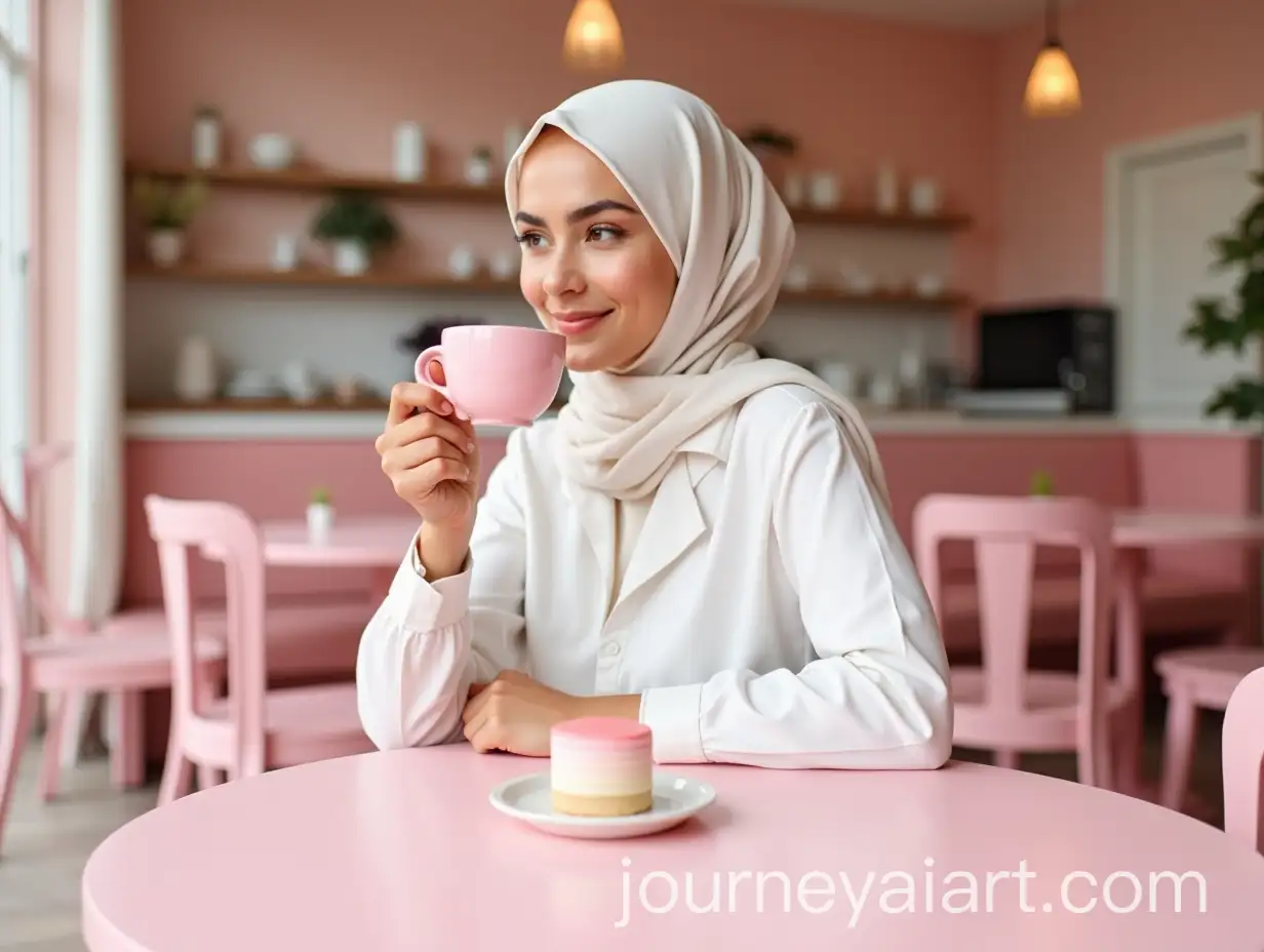 Muslim-Woman-in-White-Enjoying-Coffee-and-Cake-in-a-Pink-Cafe