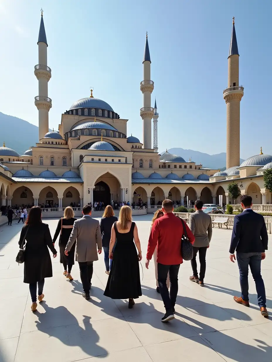 I need a picture with a group of person from Italy 6 couples, dressed very well in lead it by a tour guide in front of the Et'hem Bej Mosque in Tirana, Albania. The picture must have even the phrase 'Tirana Walking Tours' as a logo on it.