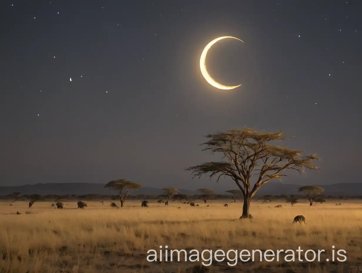 Nocturnal-Wildlife-on-African-Savannah-Under-Crescent-Moon