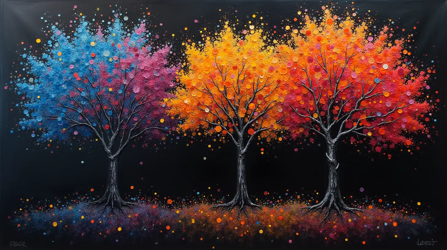 black canvas, acrylic painting idea, colorful tree