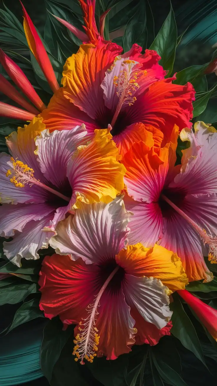 A vibrant burst of tropical hibiscus flowers in fiery reds, oranges, and deep pinks. Lush green foliage background, dynamic composition, exotic, bold colors, high resolution, botanical illustration, 8k, --ar 16:9 --v 5 --style raw