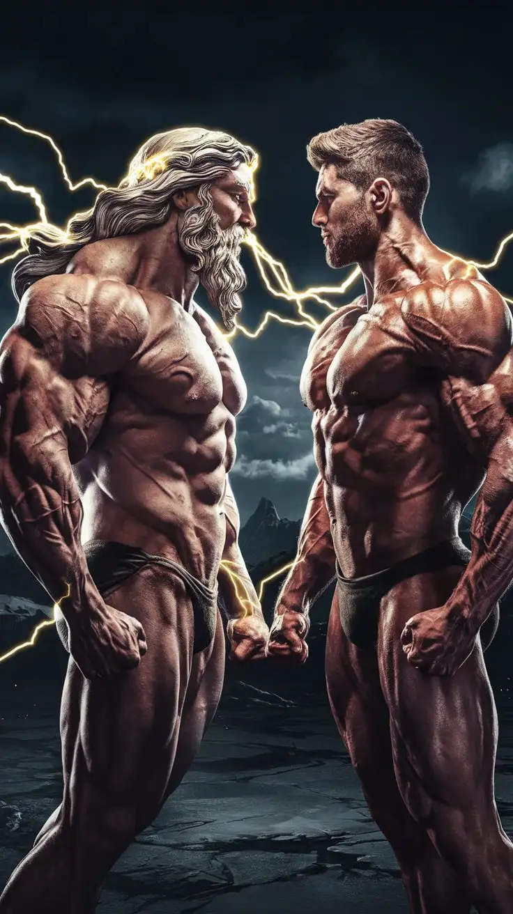 Powerfully muscled, hugely ripped, pumped, superhuman 20-year-old man stands bravely in the dark, face to face with Zeus, who uses golden electricity to give him superpowers. Photorealistic.