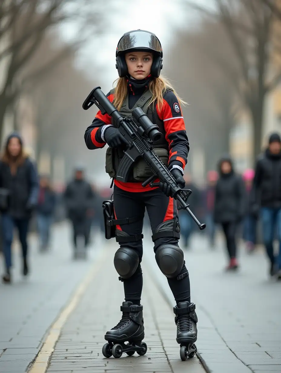 a 17 year old airsoft geared woman at a distance, she is skating on a street, holding a weapon, ordinary people in background, clothes have racing colors, she is wearing lots of functional sportswear, cycling gloves, airsoft helmet with transparent visor over eyes, smartwatch, thick plastic knee pads, modern inline skates with complete organized wheels