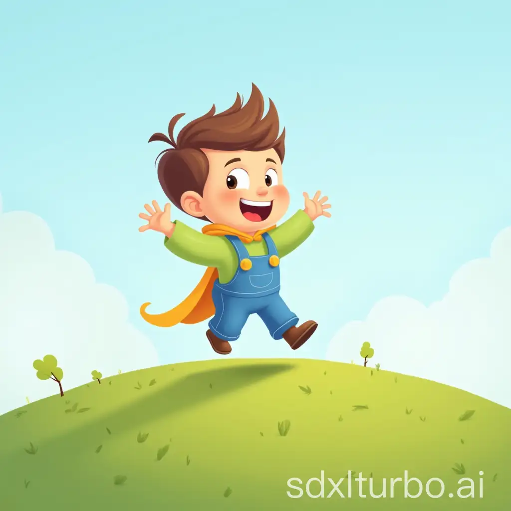 A cartoon Child (Alex) standing on the hill happily soaring and explaining