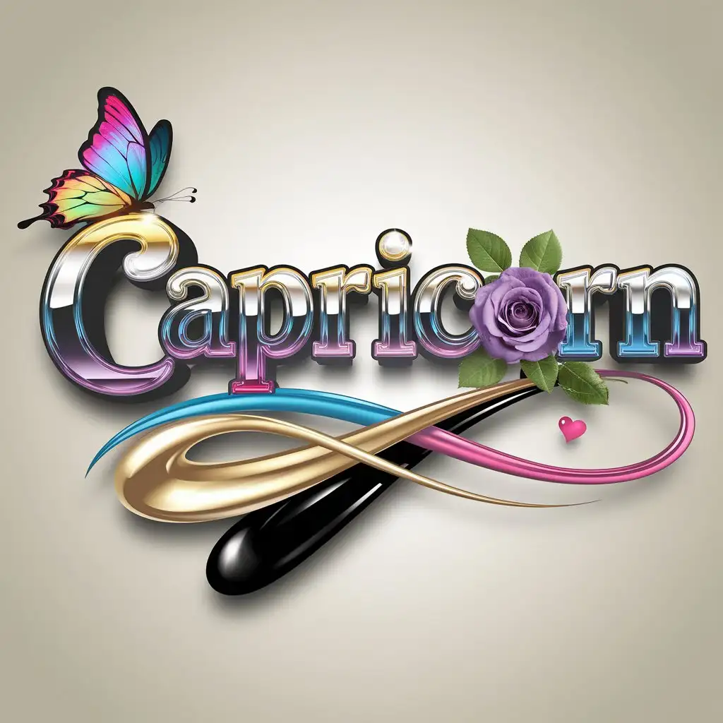 Elegant-3D-Capricorn-Logo-with-Neon-Metallic-Font-and-Floral-Elements