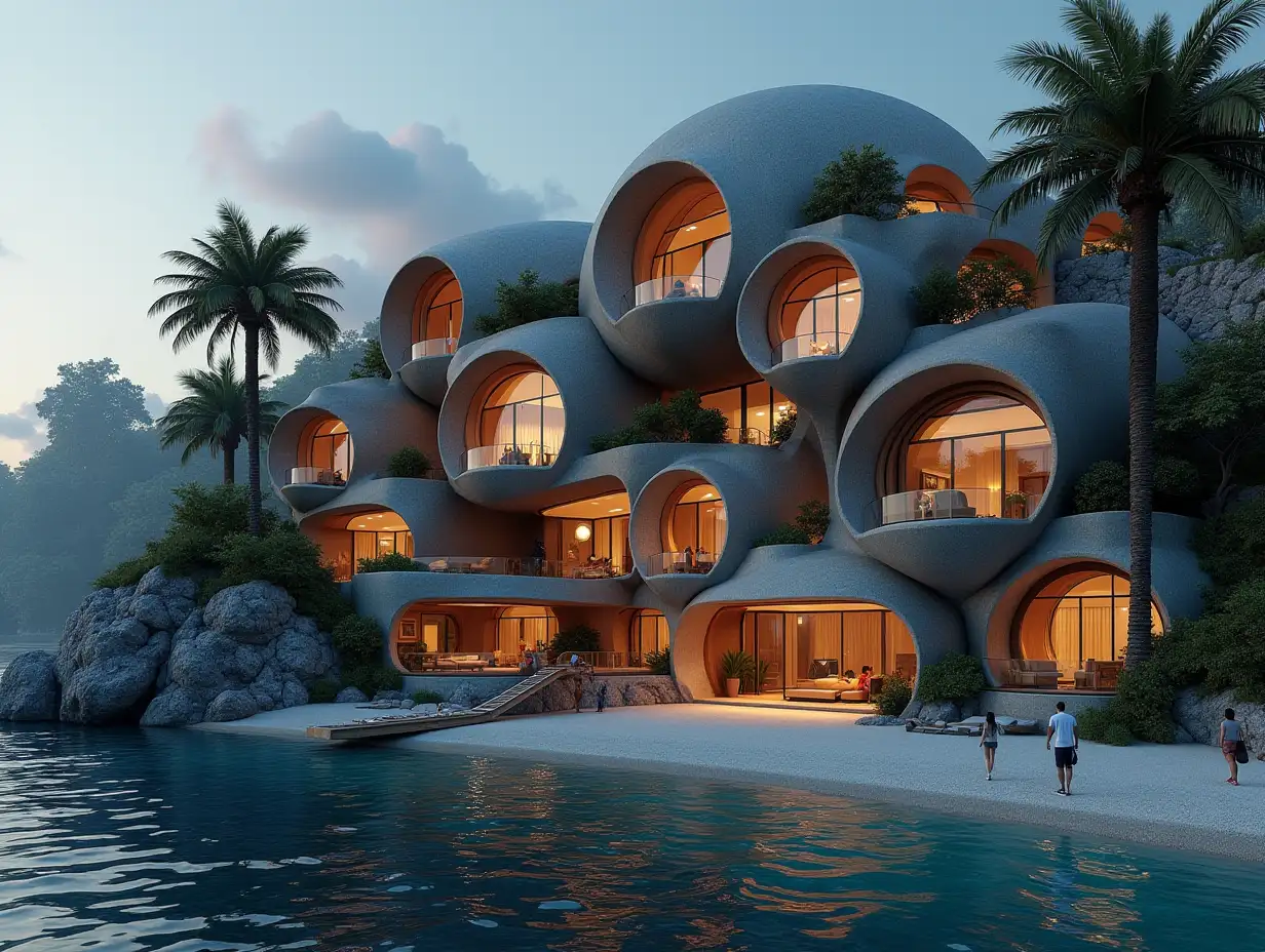 Create a high-resolution, realistic panoramic image of a futuristic terrace building with snail house windows with bridge, a yacht and a small beach with people, many plants and grey and brown facades with sea with waves, big trees, night