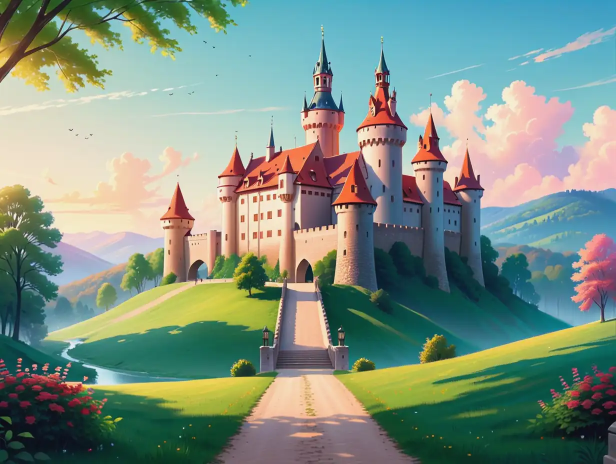 Charming-European-Castle-Surrounded-by-Nature-in-Pastel-Colors