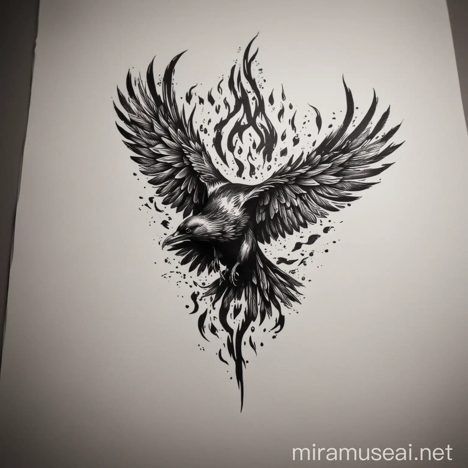 Minimalist Raven and Flame Tattoo Design