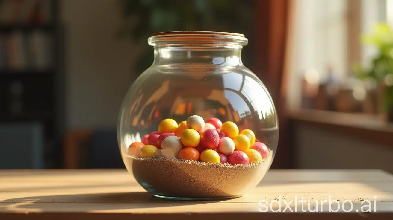 spherical glass jar on a table, filled with candies and coarse sand, wide angle, photorealistic