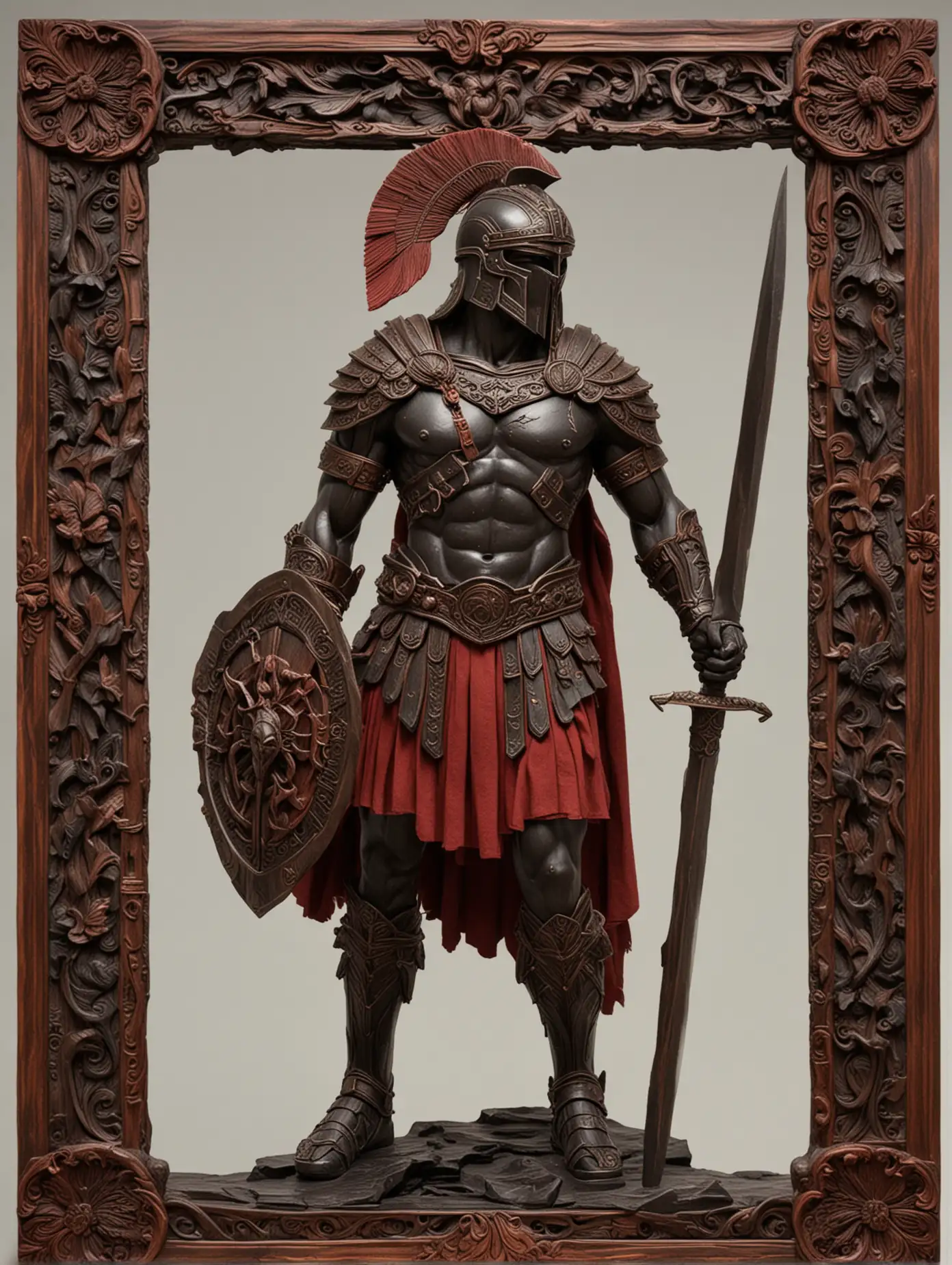 The carved wooden figure portrays an ancient Spartan warrior dressed in a striking black uniform, emphasizing his bold presence. He stands tall, holding a sword with a poised and commanding grip, showcasing his readiness for battle. The intricate woodwork captures the details of his armor and flowing red garment. A decorative wood frame surrounds the sculpture, enhancing its classical and timeless appearance.