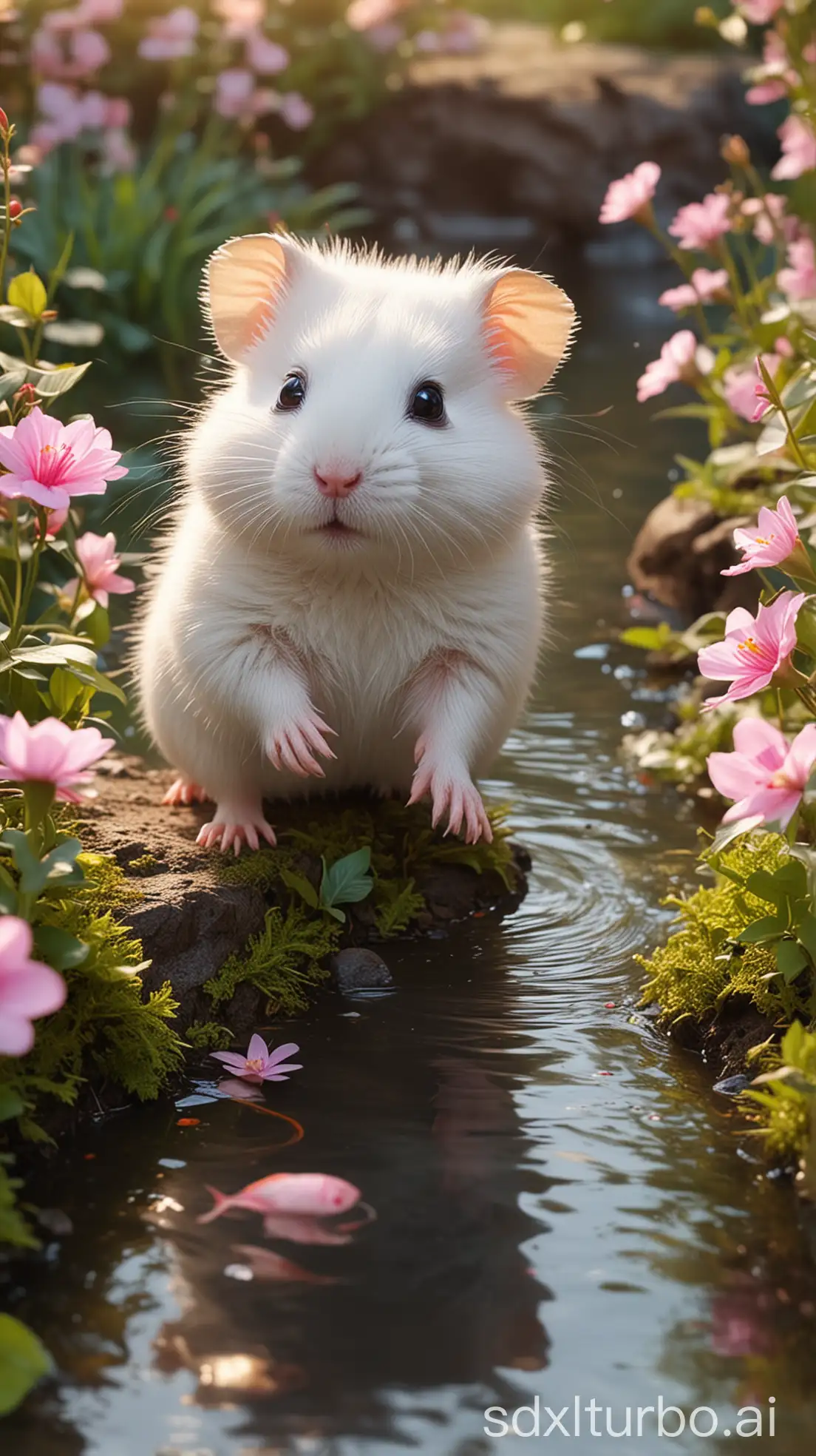 Spring, in nature, Adorable baby white hamster, walking in blossomes jungle, pink flower theme, small river, koi fish jump over water, morning light, Dreamworks, soft cinematic