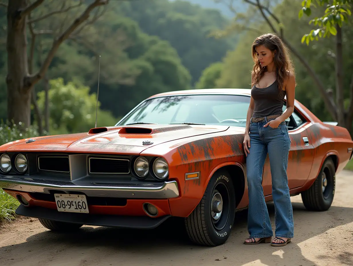 Realistic-Costa-Rican-Woman-Standing-Near-New-Dodge-Car-in-Jeans