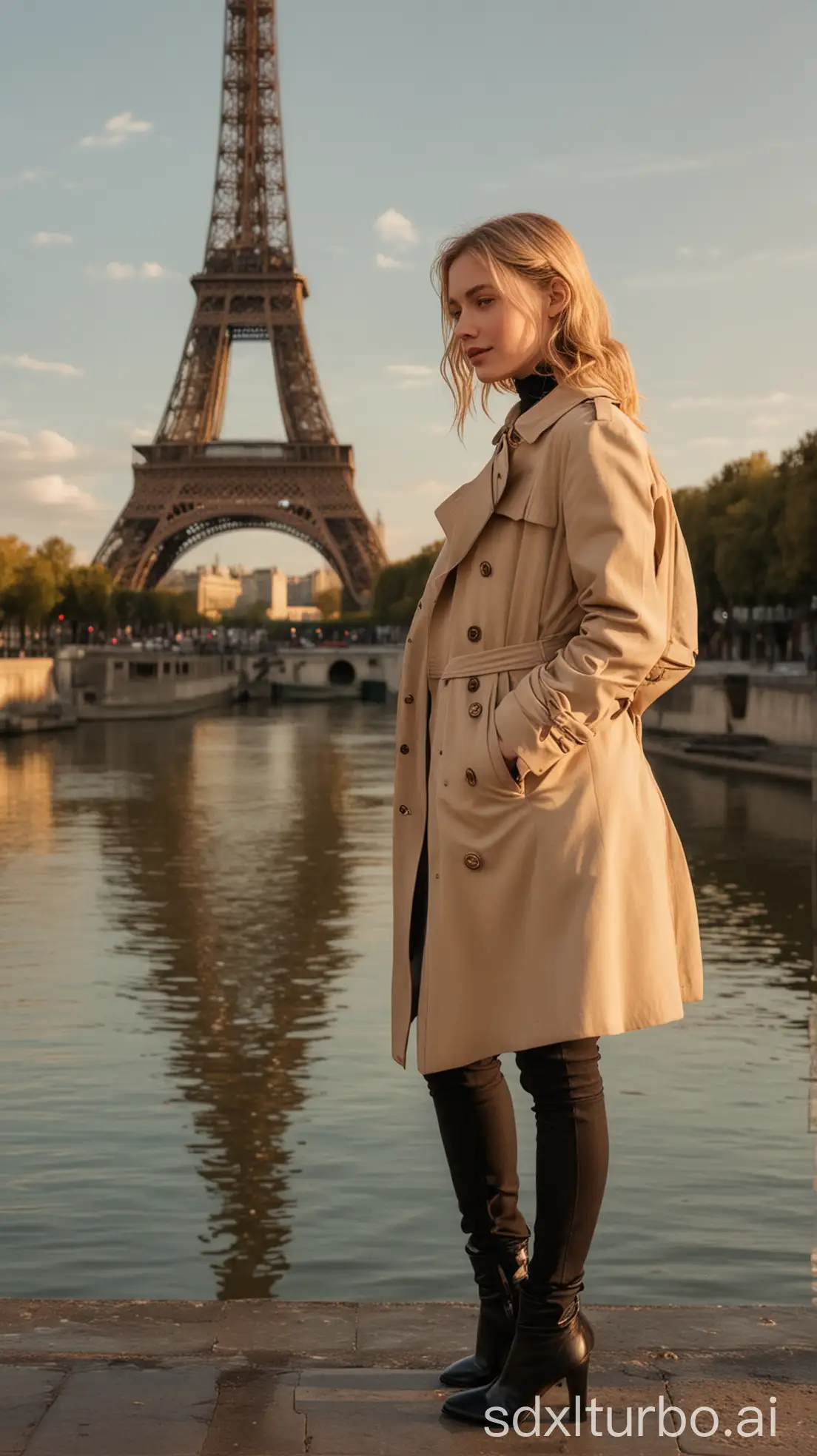 a stylish young woman with blonde hair, Zoey Salzana, walking gracefully along the Seine River at sunset in Paris. She is wearing a chic, minimalist Parisian outfit—a beige trench coat, sleek black pants, and ankle boots—with a classic black beret perched on her head. The soft golden light of the setting sun reflects on the water, casting a romantic glow on Zoey and the iconic Eiffel Tower in the background....