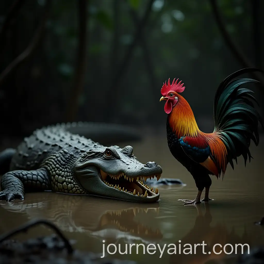 Dramatic-Showdown-Crocodile-and-Rooster-in-a-Swamp