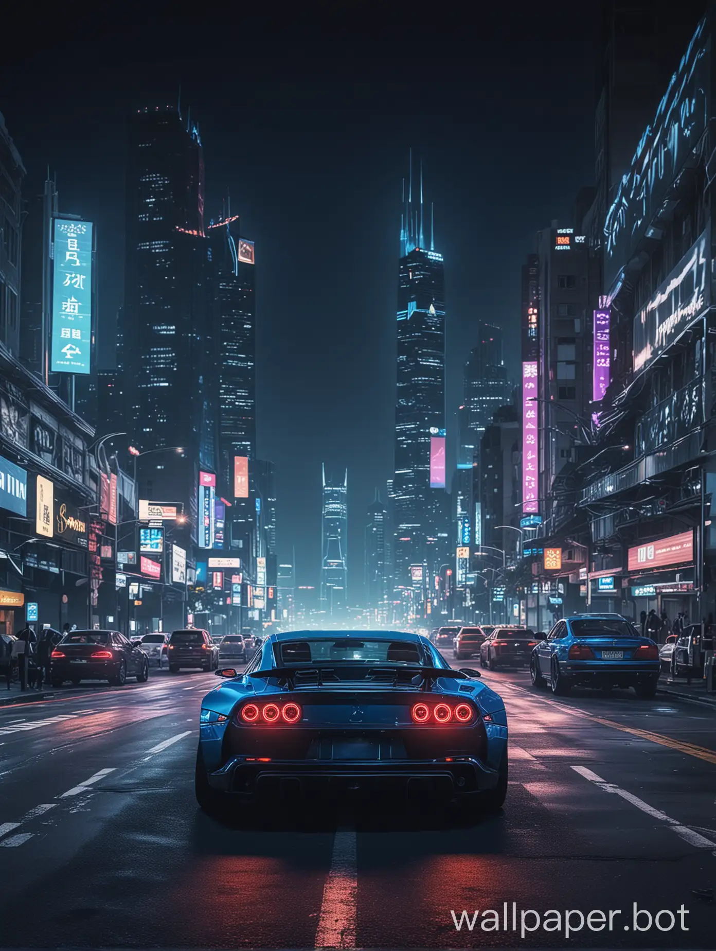 On a pure black background, fragments of city night view are arbitrarily placed in the image, with bustling city night views, blue cool sports cars parked in the city, night highways, and beautiful neon lights