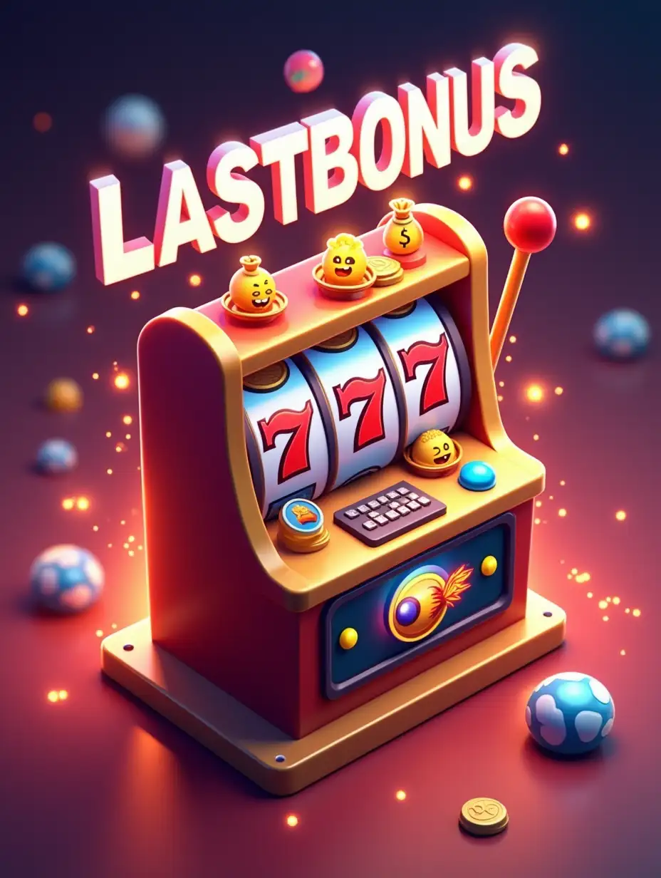 Cartoon-style slot machine with 777 symbols, emojis (money bag, fire, rocket), dynamic motion blur, rainbow neon lights, red, white, black and gold colors, isometric perspective, playful casino atmosphere, 3D illustration, inscription on top in large, white bold 3D font LASTBONUS