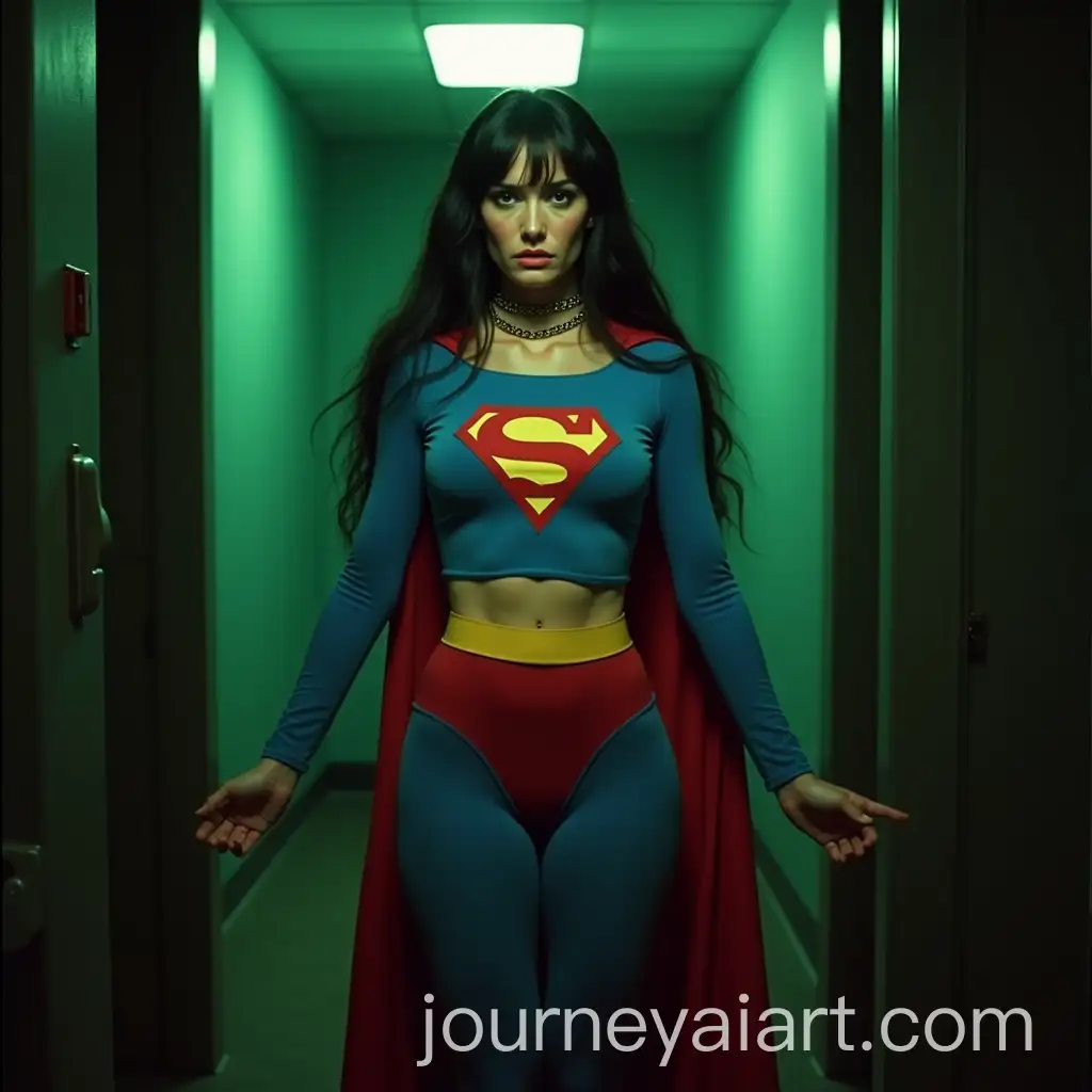 Superheroine-Struggling-with-Kryptonite-in-Retro-1970s-Lit-Room