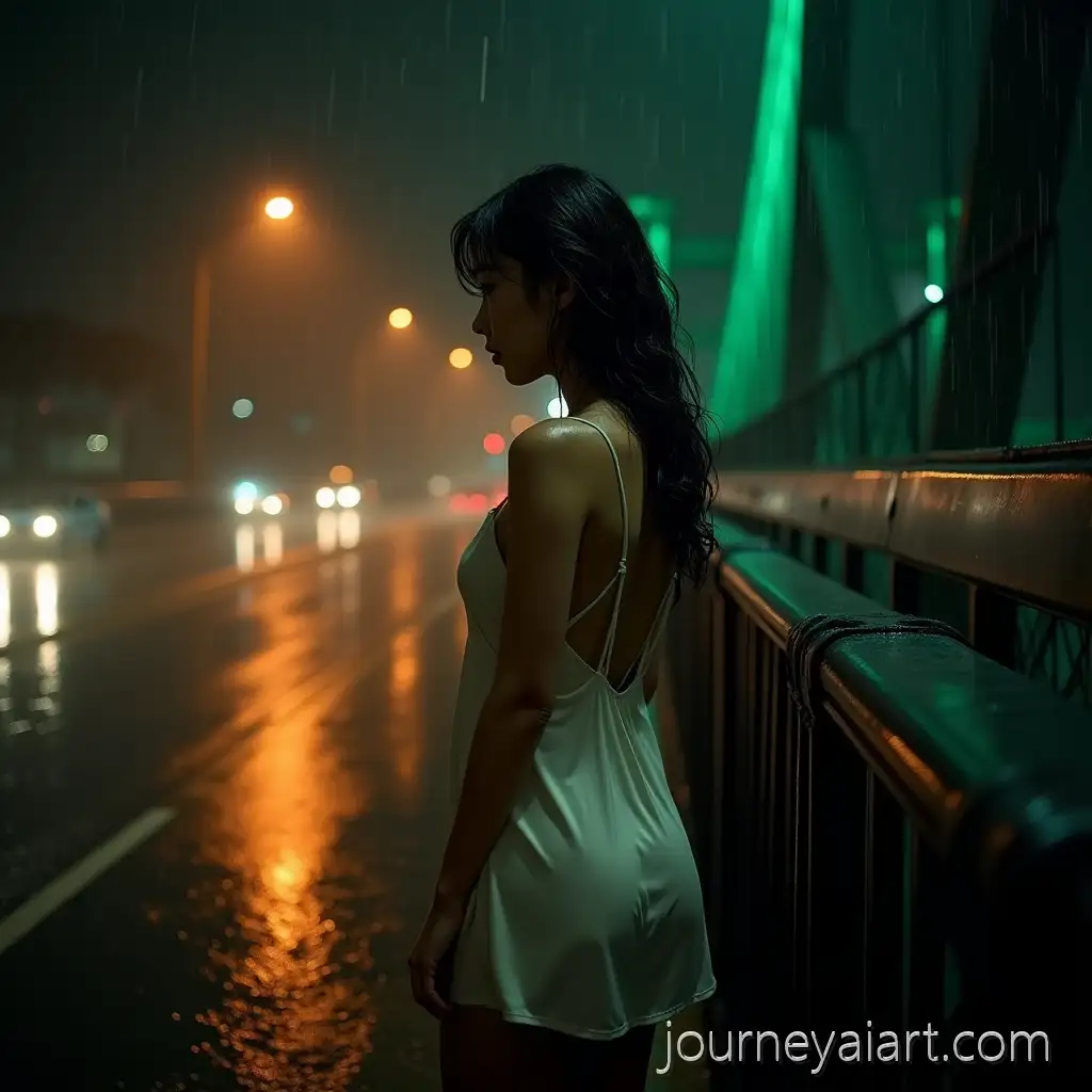 Thai-Woman-in-Silky-Dress-Standing-in-Rain-on-City-Bridge-at-Night