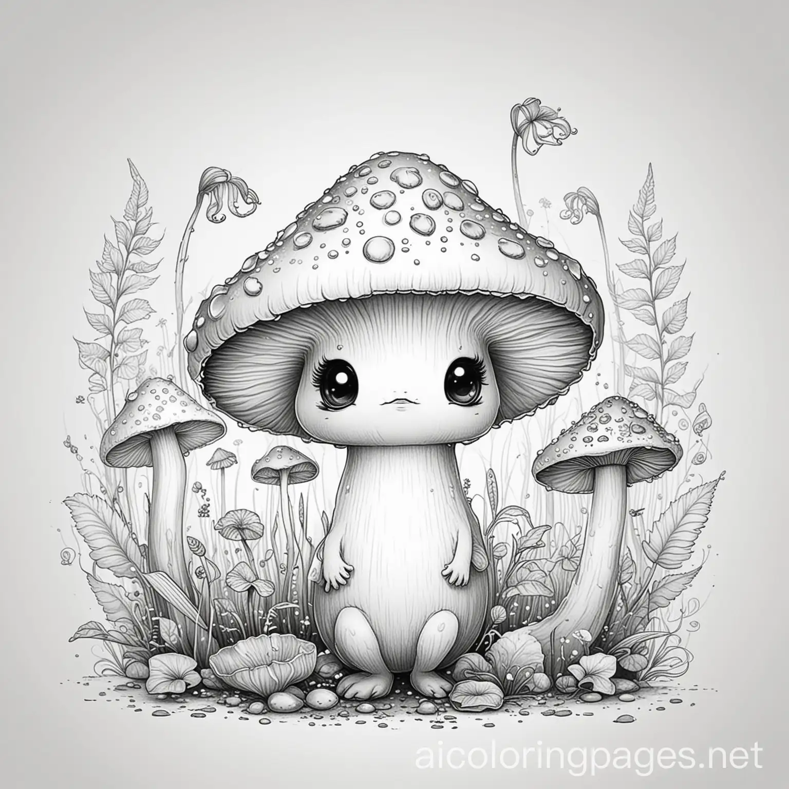 fantasy  cute mushroom creatures , Coloring Page, black and white, line art, white background, Simplicity, Ample White Space