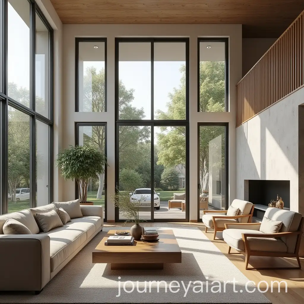 Modern-Living-Room-with-Double-Height-Ceiling-and-FloortoCeiling-Windows