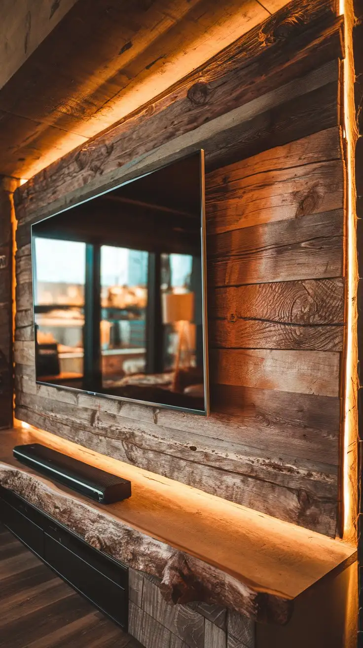 stunning close-up shot, real reclaimed wood wall panels behind a large flat screen TV, rustic living room interior, warm lighting, visible wood grain and knots, natural textures, cozy atmosphere, interior design, 8k, realistic