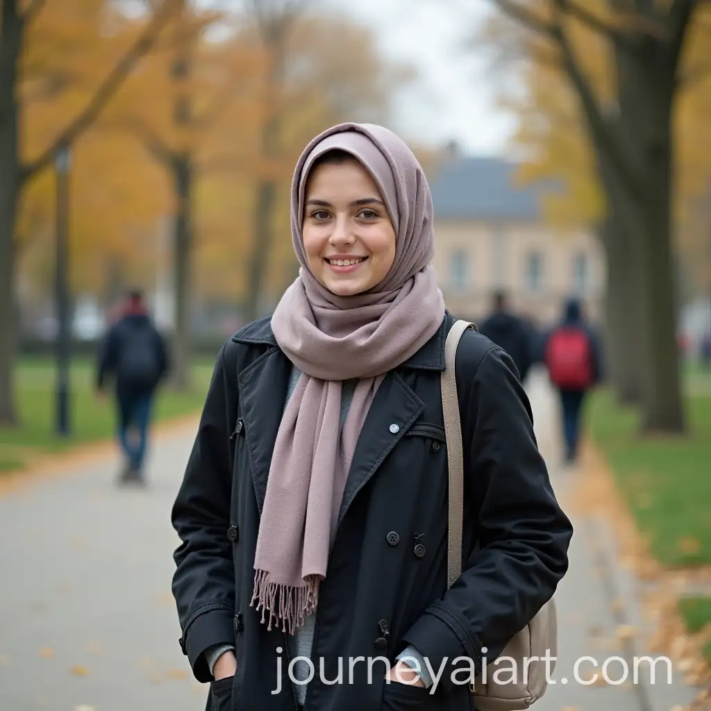 Young-French-Woman-in-Hijab-Walking-on-College-Campus