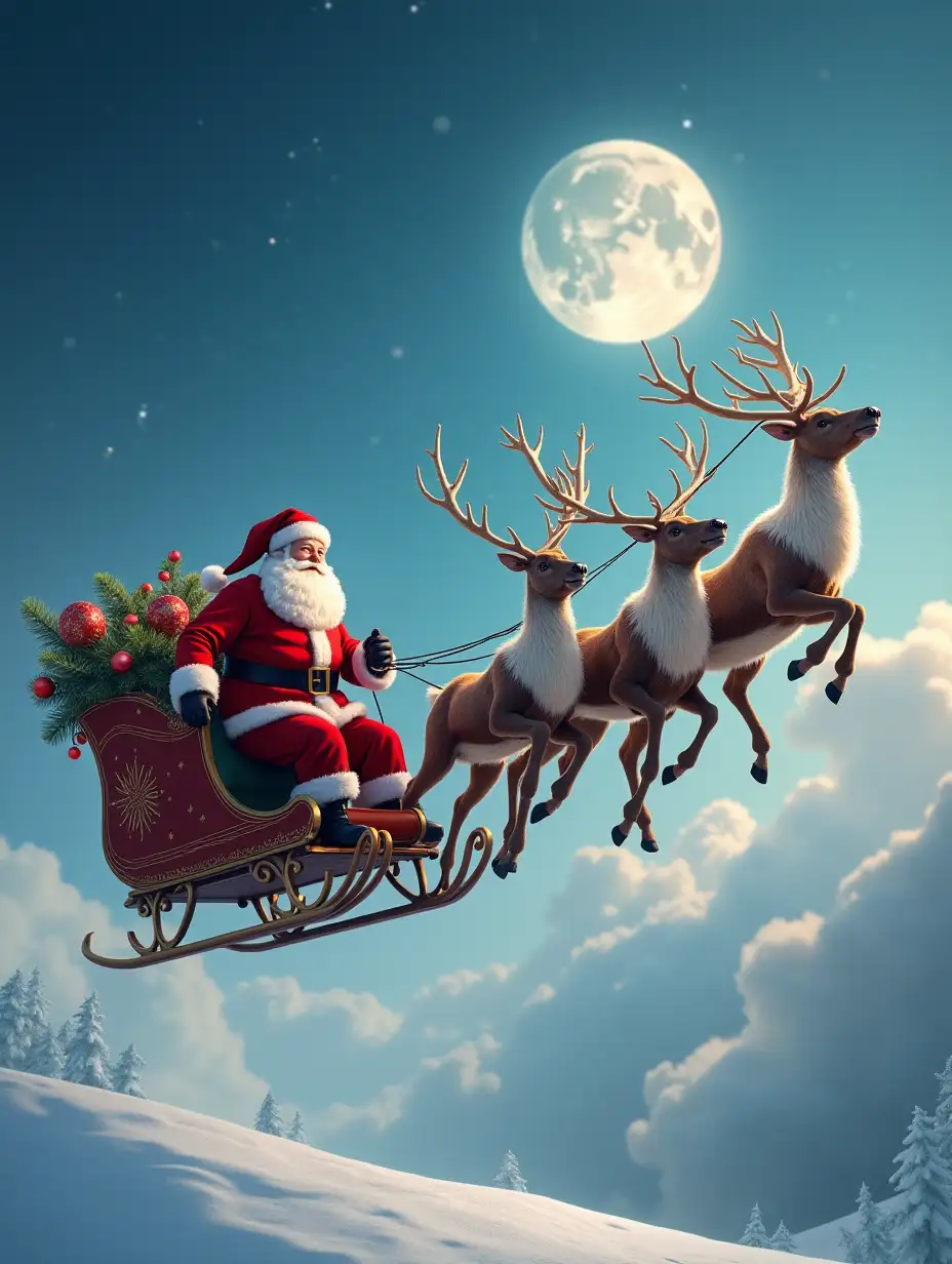 Santa Claus along with his reindeers high in the sky, realistic