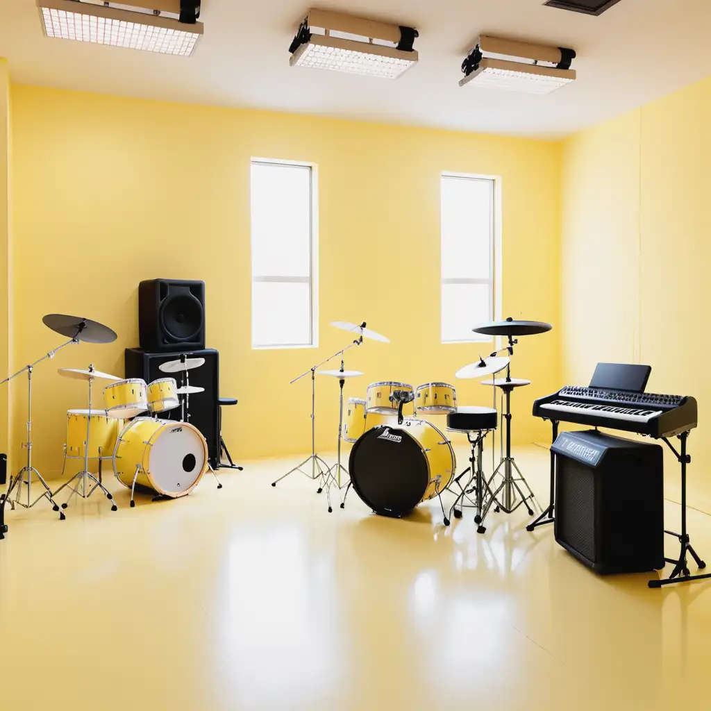 Rehearsal-Studio-with-Pastel-Yellow-Walls-and-Creative-Atmosphere