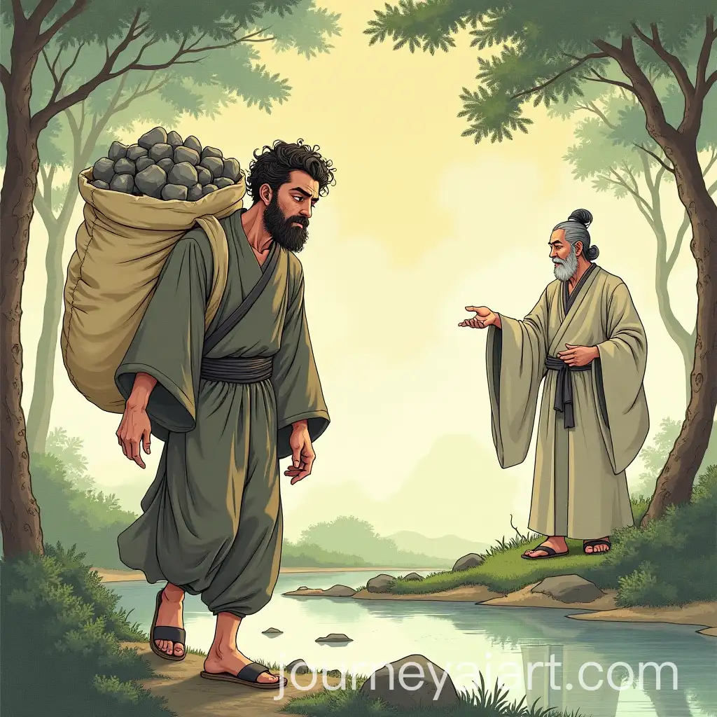 Man-Carrying-Burden-Through-Serene-Landscape-with-Wise-Teacher-Offering-Guidance