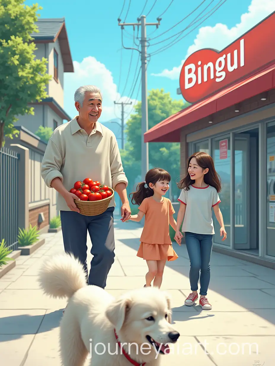 Family-Enjoying-a-Sunny-Day-at-a-Modern-Laundromat-in-Korea-with-Chindo-Dog-and-Tomatoes
