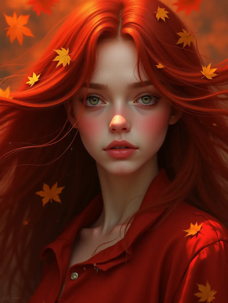 girl with super long hair, hair becoming autumn red leaves, digital painting, detailed eyes, art by artgerm and greg rutkowski and alphonse mucha