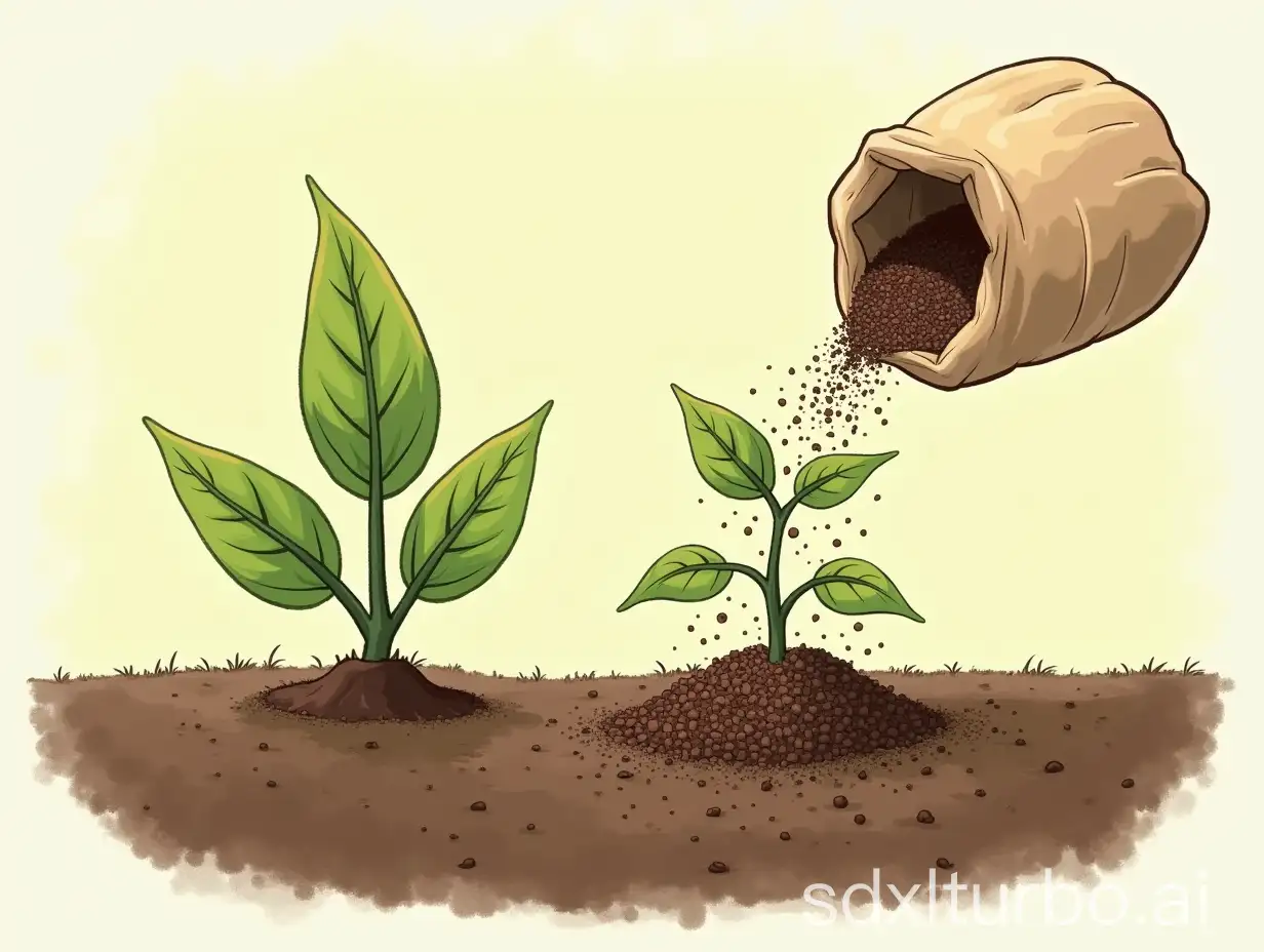 Draw a seedling growing on the soil, a bag of fertilizer pouring fertilizer on it, and nitrogen-phosphorus-potassium elements in the soil