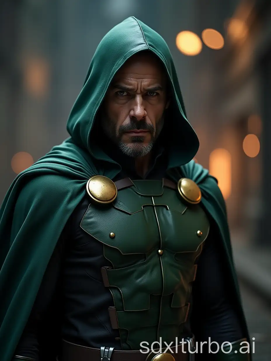 robert downey jr  as doctor doom from marvel comics,   clear face with doctor doom costume without mask, half body shot image, ultra realistic 4k, cinematic