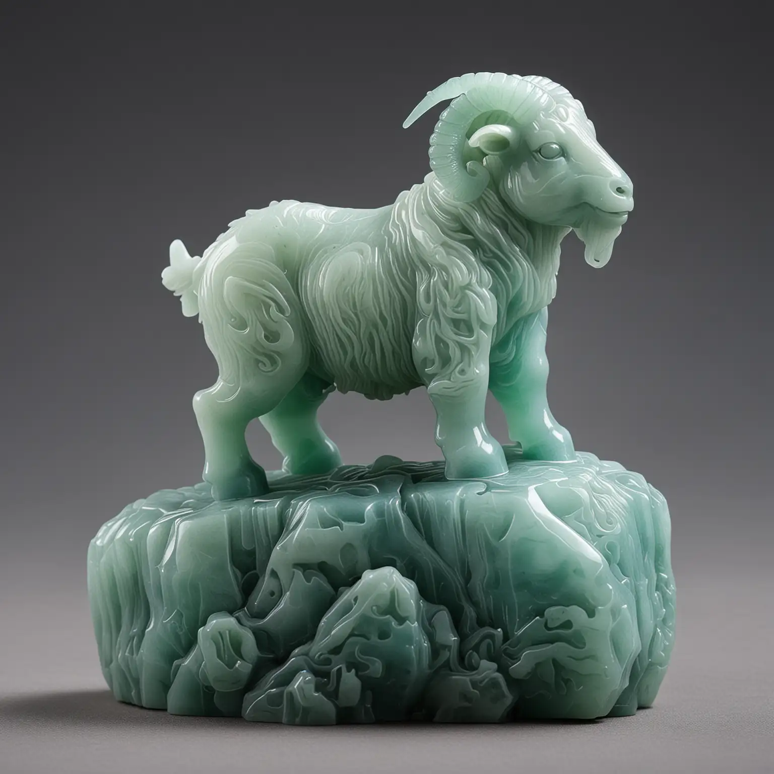 A cute mountain goat, carved from jade like Taihu stone, cyan-colored.