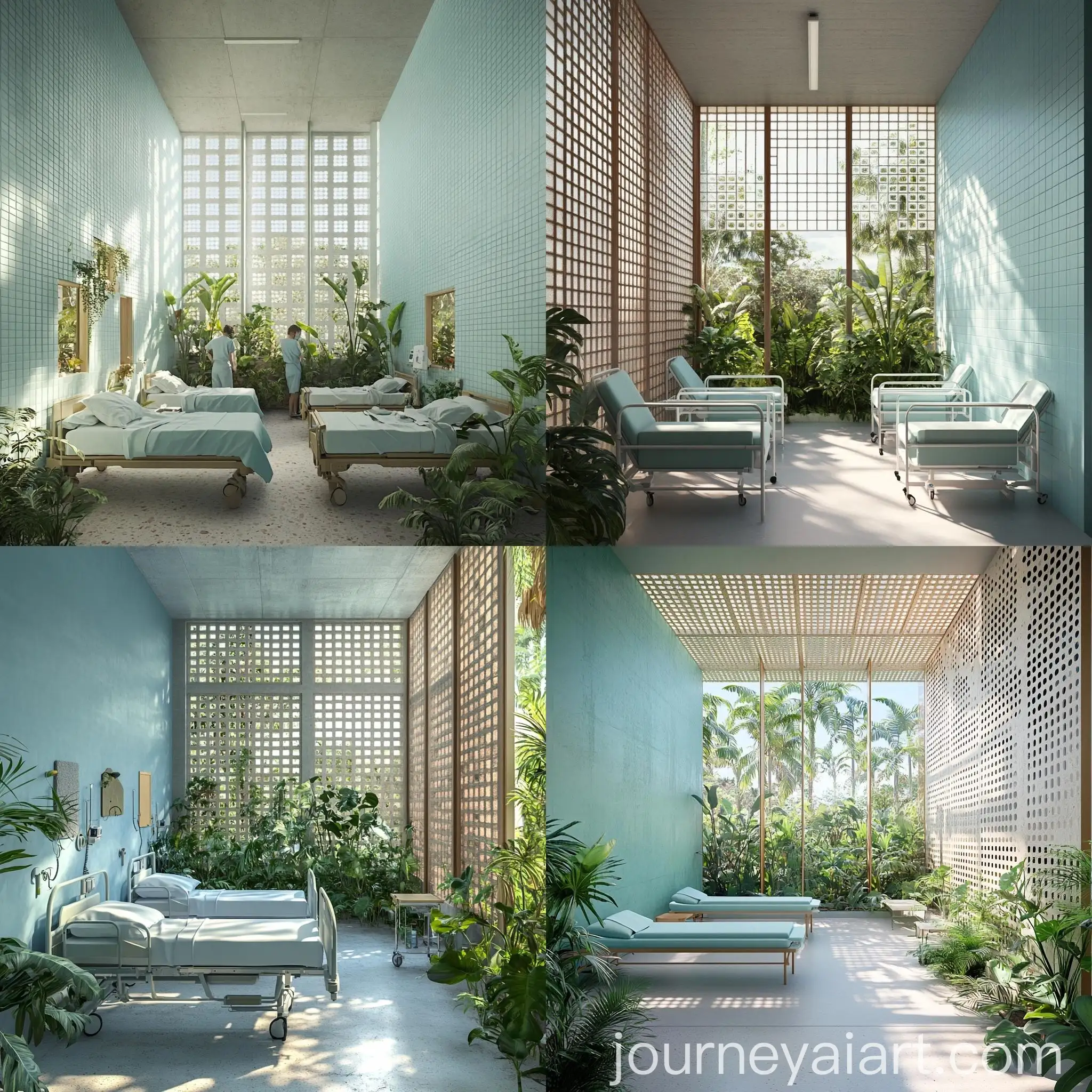 Community-Hospital-Room-Design-with-Pale-Blue-Walls-and-Interior-Courtyard-View