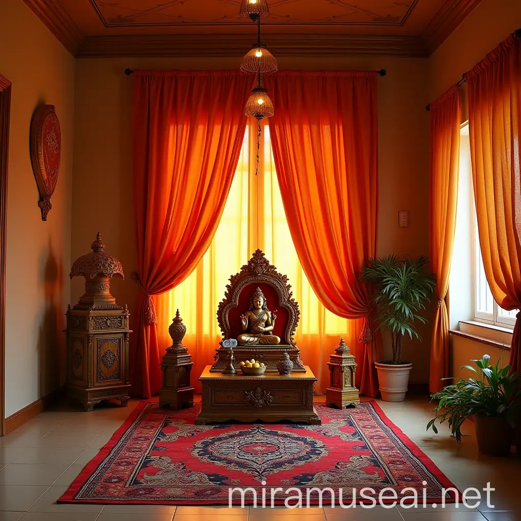 Elegantly Decorated Indian Home Temple with Goddess Statue and Traditional Accessories