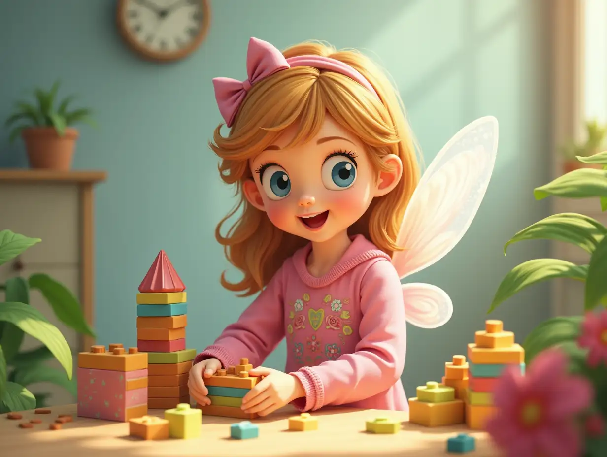 Character, little girl's fairy, playing with building blocks