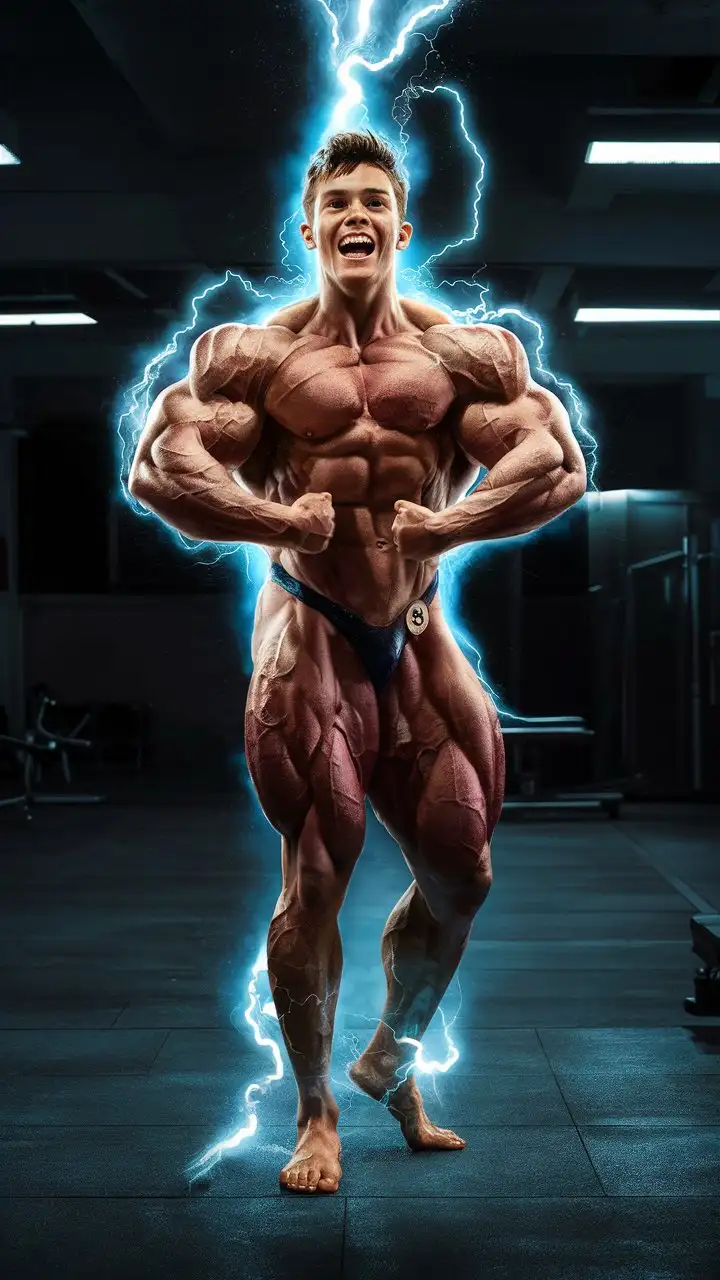 Muscular-Bodybuilder-Transforming-Into-a-Superhero-in-Gym-with-Luminous-Lightning