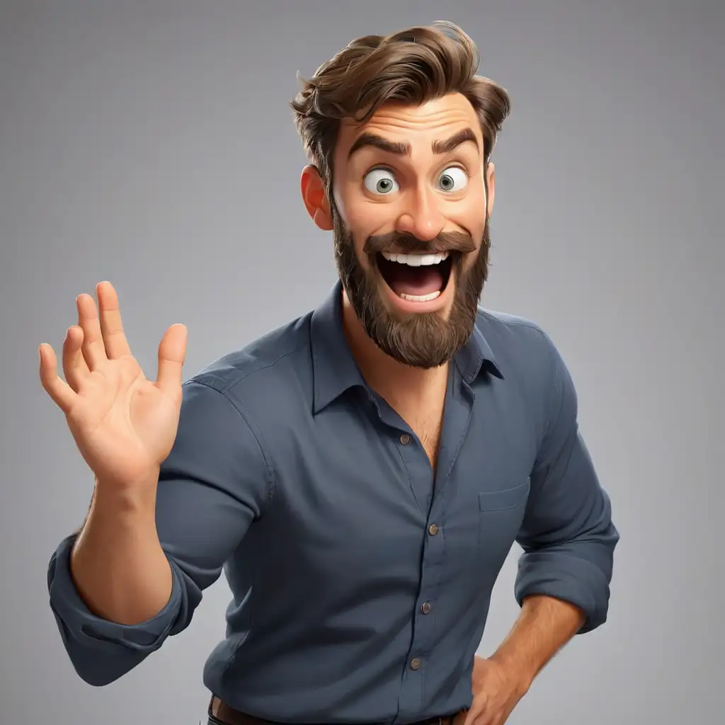 cartoon handsome man with a beard shows a funny grimace and twirls his hands at the cheek in full growth