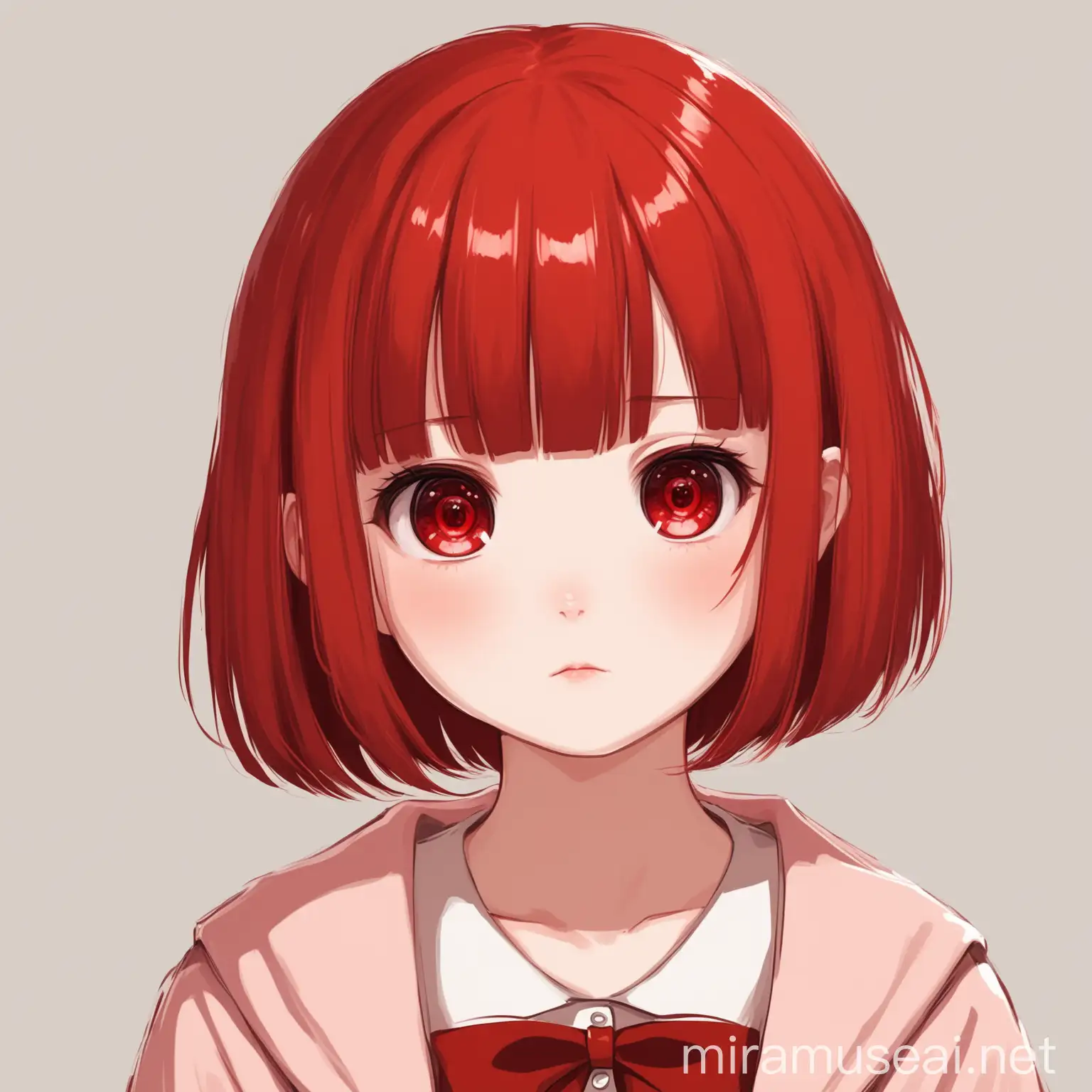 Innocent Girl with Short Red Hair and Red Eyes