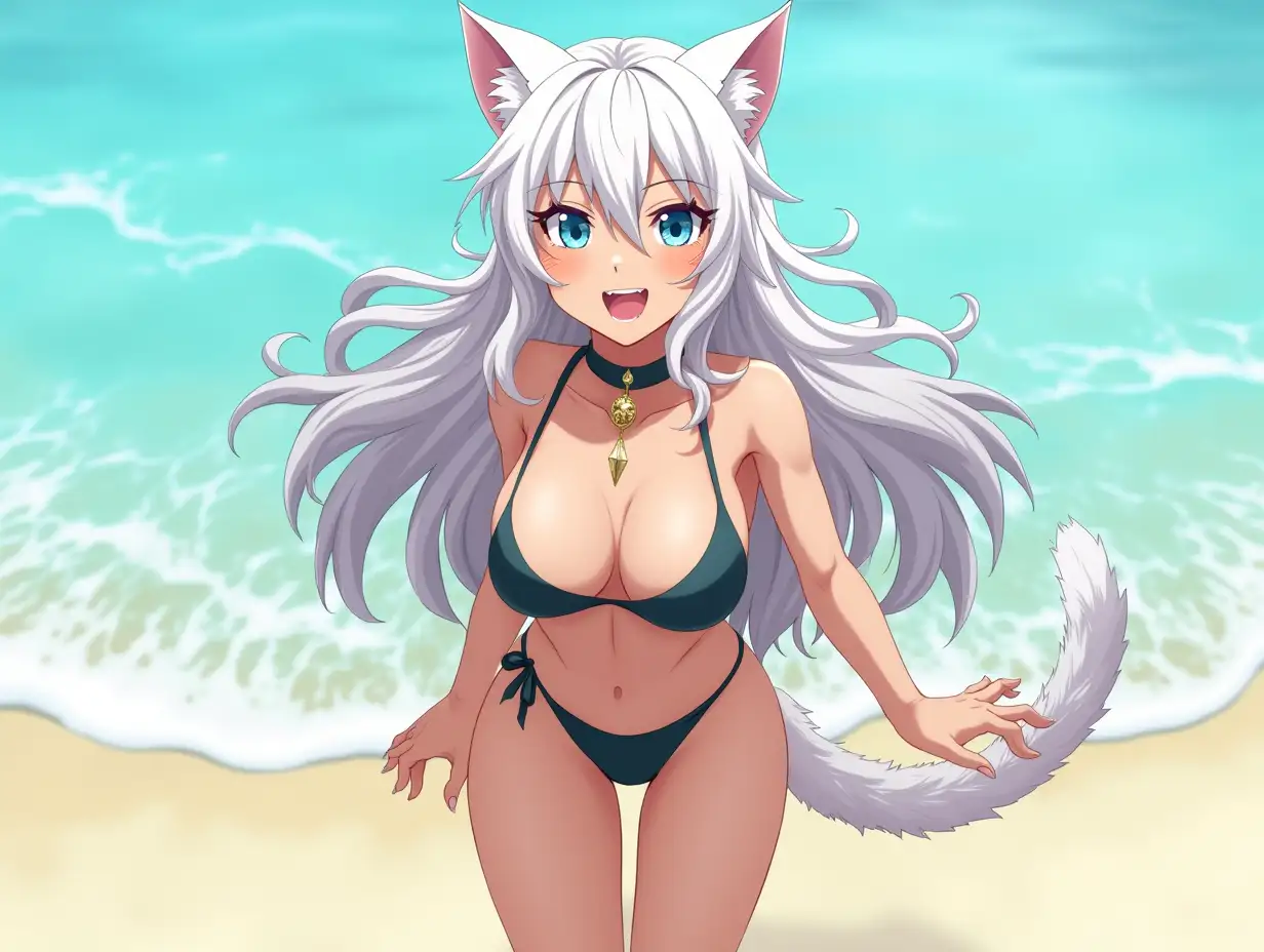 A mature adult feline/woman active on a beach. Her 30-something years are disguised by her youthful facial features, except for her subtle wrinkles around the eyes. Her ample bosom strains against her bikini, extreme cleavage.  Wearing black shoes. She has piercing blue cat eyes. A choker adorns her neck, a subtle hint at her feline nature. Her long, white hair cascades down her back like a wild waterfall, tangled and disheveled. Her cat-like teeth glint in the light, as her white fur-lined ears punctuate her visage with sparkling black and gold earring adorns each ear, adding a touch of elegance to her feline features. Cat whiskers on her face. The attached tail at the base of her spine stirs lazily.  Long fingernails. Full view. Anime.