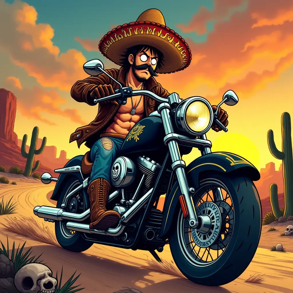 AnimeStyle-Mexican-Biker-on-HarleyDavidson-in-Wild-West-Desert-Setting