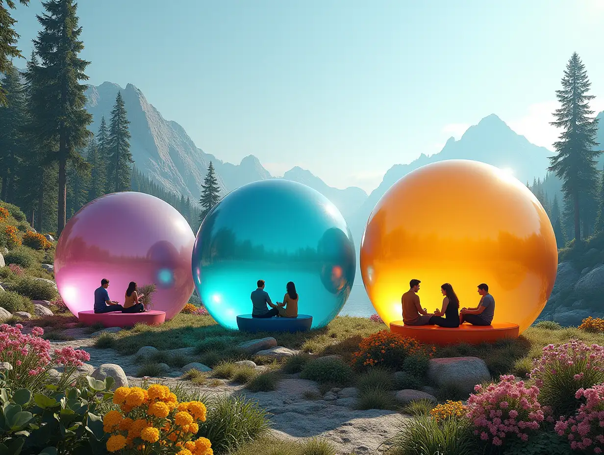 Ultradetailled hyperrealistic photo-realistic portrait of 3 large glass spheres in different colors with seating surface sitting people on a mountain with many tall trees and many colorful flowers and colorful plants Texture, surfaces and lighting, to give depth, dimension and a colorful photo-realistic appearance.