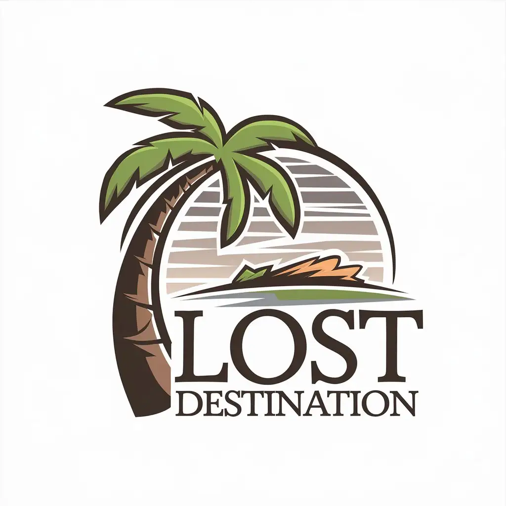 LOGO Design for Lost Destination Vibrant Island 4x4 Touring Theme with Palm Trees Ocean and Bold Colors