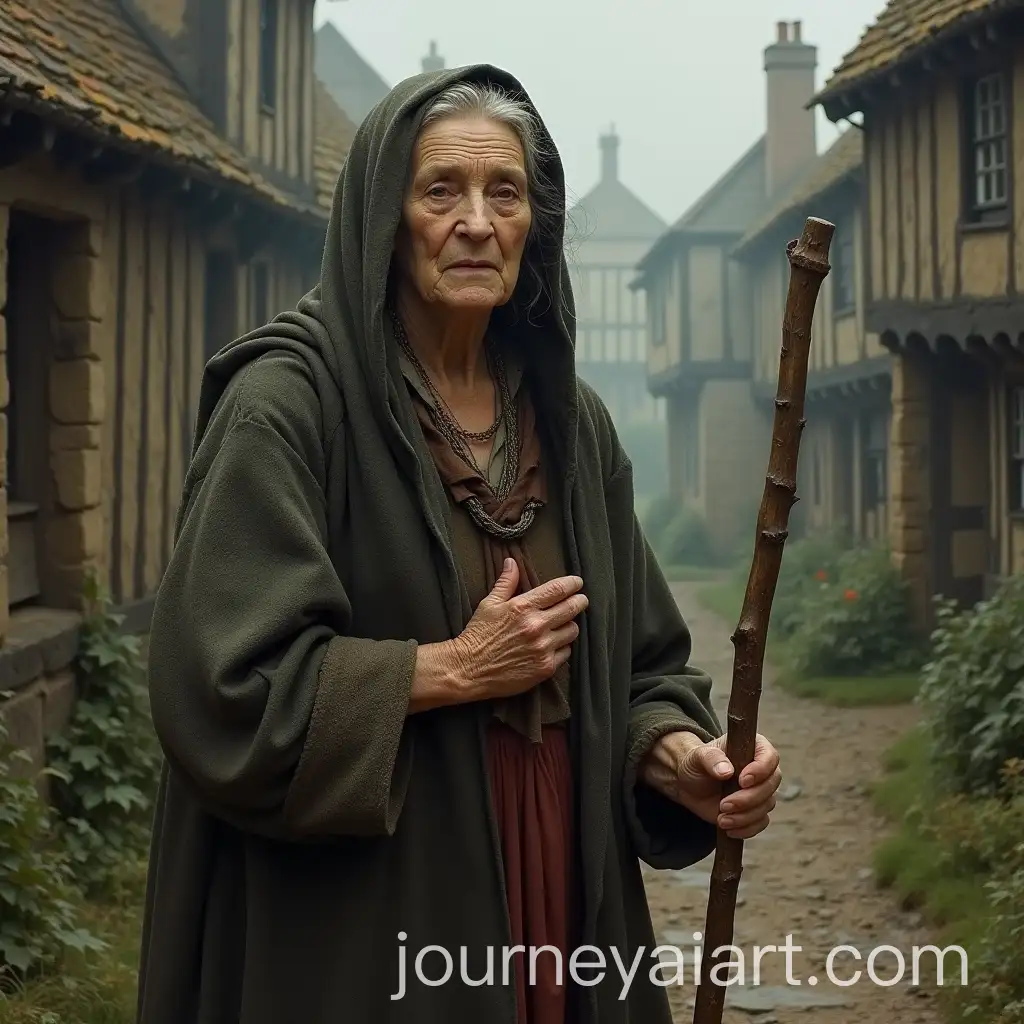 Old-Woman-Peg-Denton-in-TudorAI-Image-Prompt-Expansion-Manchester-Holding-a-Staff-Surrounded-by-TimberFramed-Houses