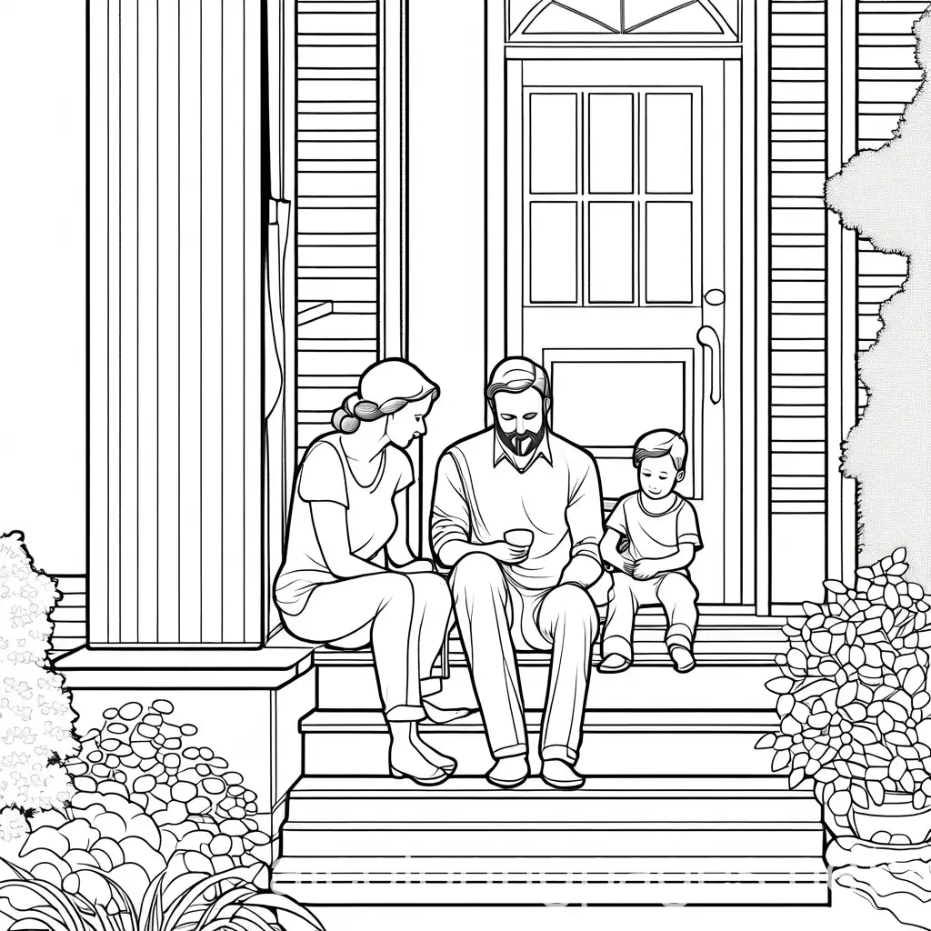 father, mother and boy at the porch playing , Coloring Page, black and white, line art, white background, Simplicity, Ample White Space