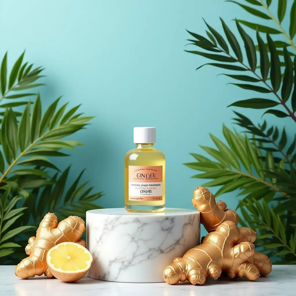 Tropical-Product-Showcase-on-a-Marble-Podium-Surrounded-by-Fresh-Gingers-and-Lush-Foliage
