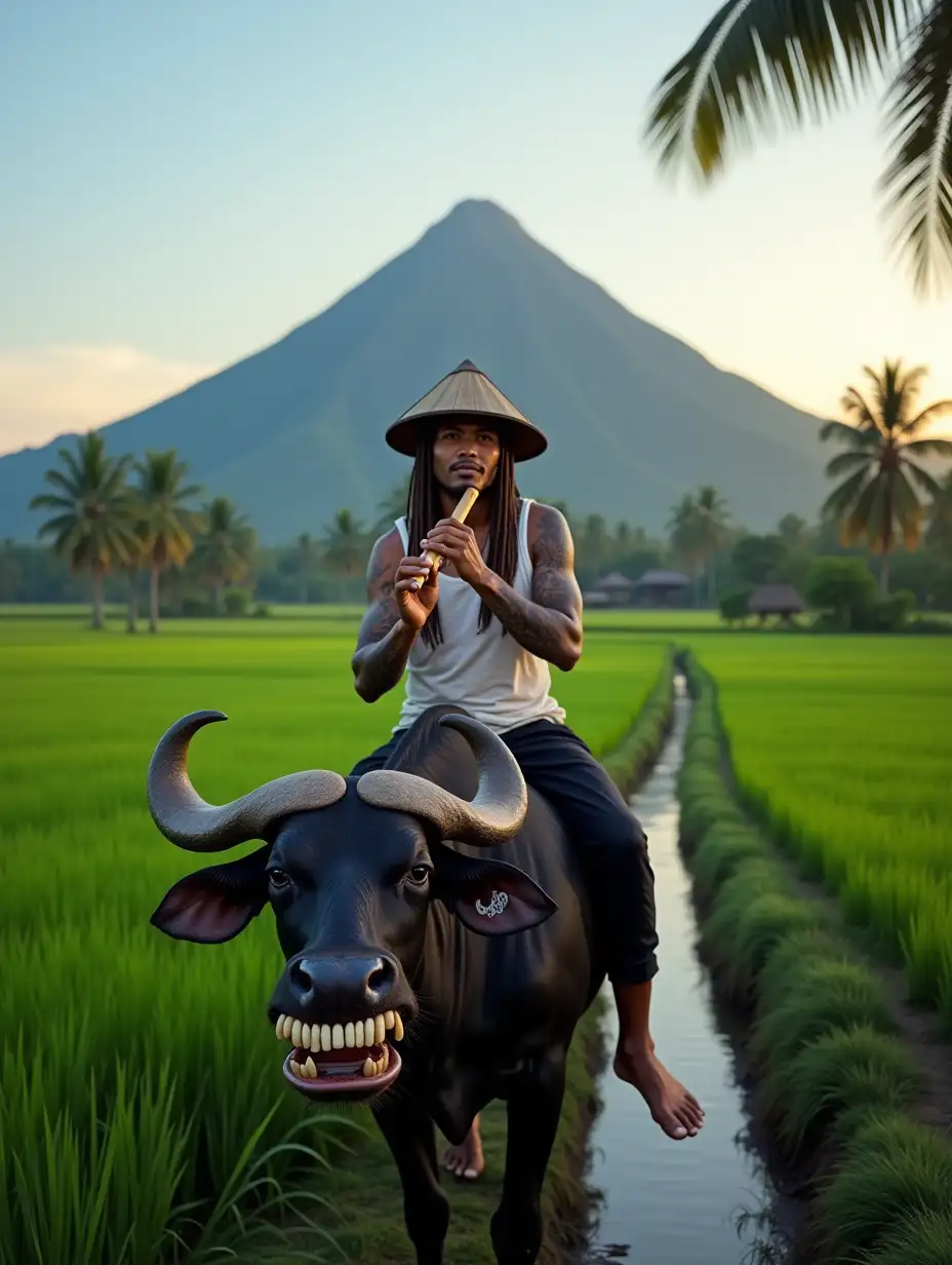 Indonesian-Man-Playing-Bamboo-Flute-on-Black-Buffalo-in-Serene-Rice-Fields