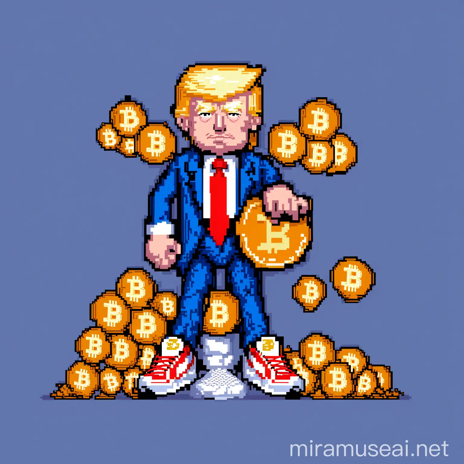 Pixel Art of Donald Trump Holding Bitcoin in Nike Sneakers