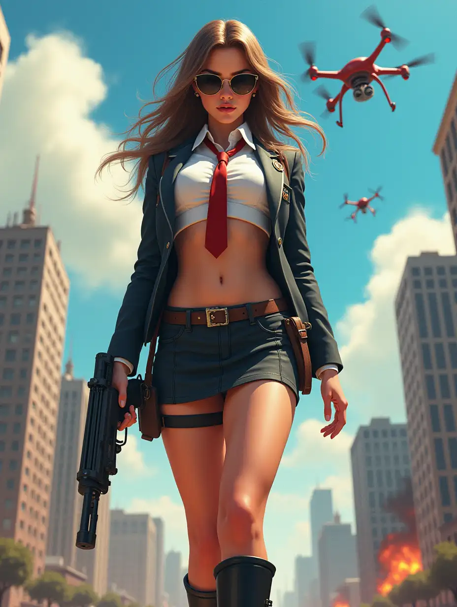 Wide-angle digital painting, (Beautiful large breast woman in stylish school uniform, combat boots, very extreme midriff showing, short skirt, and sunglasses : 1.3), Triangular composition, Dynamic full-length pose, Confident expression, (Armed mercenary: 1.3), Gun grip, Supporting pose, City background, Skyscrapers in the distance, nuclear explosion in extreme distance, two small targeting drones above, (Bright sunlight: 1.2), Sharp contrasts, Bold colors, Clear details. female mercenary in cool cyberpunk style in colorful fantasy style, realism, post-apocalyptic landscape, cartel, bald rod, oil painting, rod Nostalgia, strong emotions, low angle, high detail, sharp focus